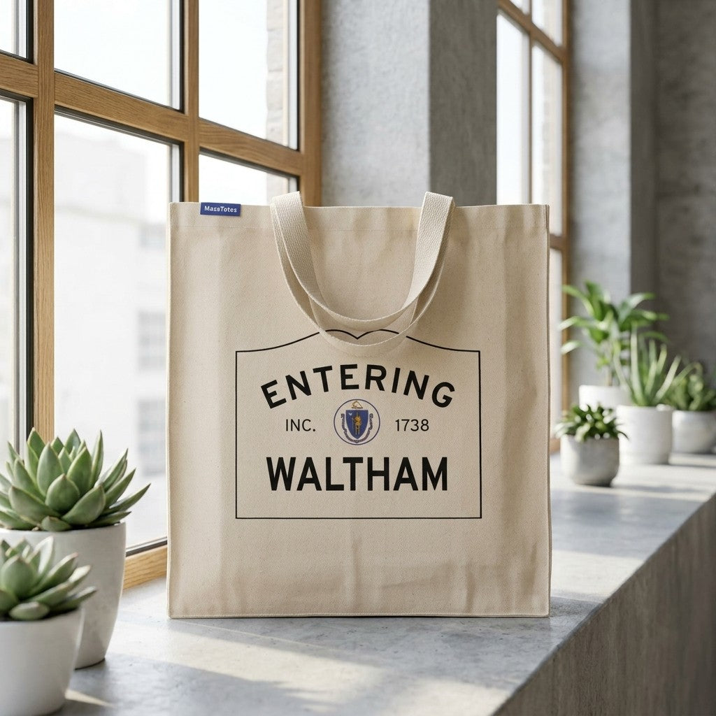 Entering Waltham, Massachusetts Canvas Tote Bag - Lifestyle Scene - Classic New England Detail