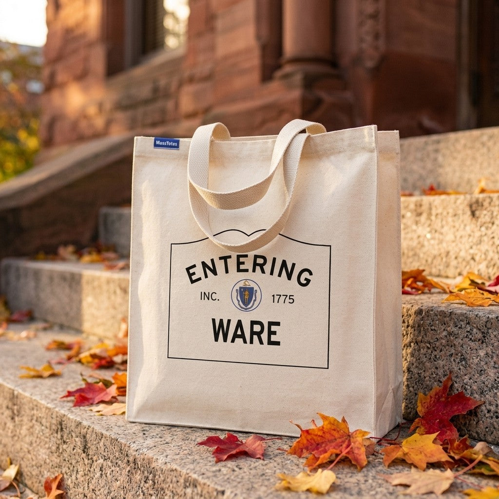 Entering Ware, Massachusetts Canvas Tote Bag - Lifestyle Scene - Relaxed Natural Setting