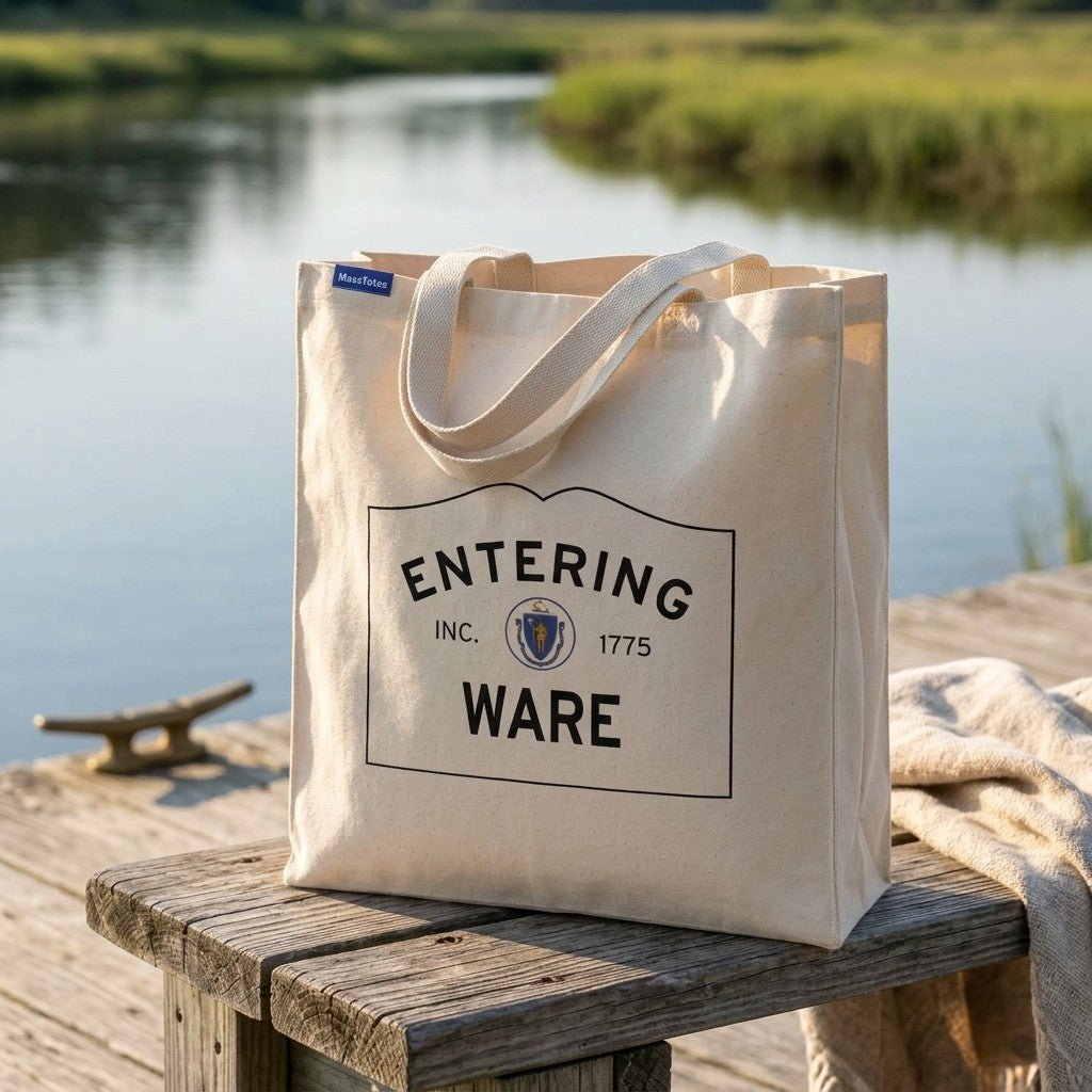 Entering Ware, Massachusetts Canvas Tote Bag - Lifestyle Scene - Classic New England Detail