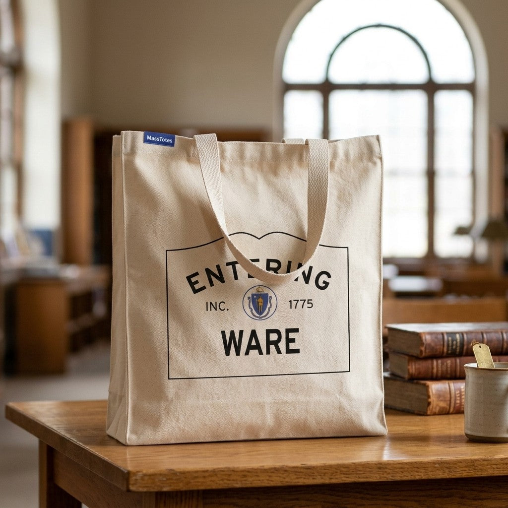 Entering Ware, Massachusetts Canvas Tote Bag - Everyday In-Situ View - Sunlit Environment