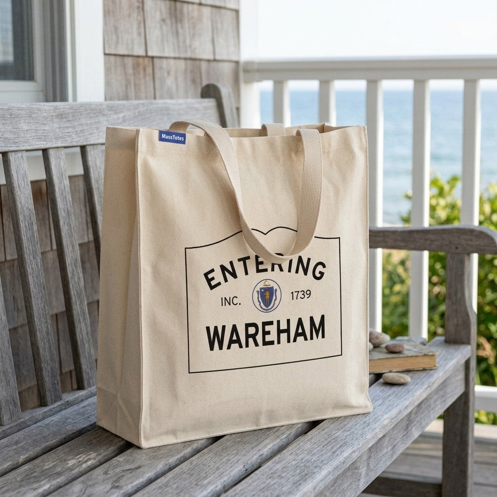 Entering Wareham, Massachusetts Canvas Tote Bag - Lifestyle Scene - Classic New England Detail