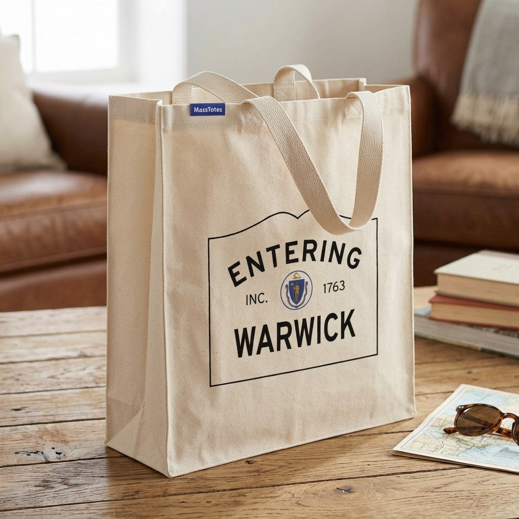 Entering Warwick, Massachusetts Canvas Tote Bag - Lifestyle Scene - Classic New England Detail