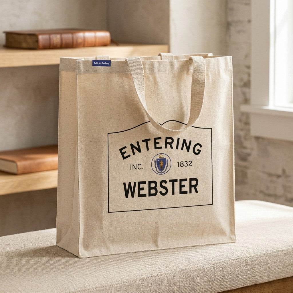 Entering Webster, Massachusetts Canvas Tote Bag - Lifestyle Scene - Classic New England Detail