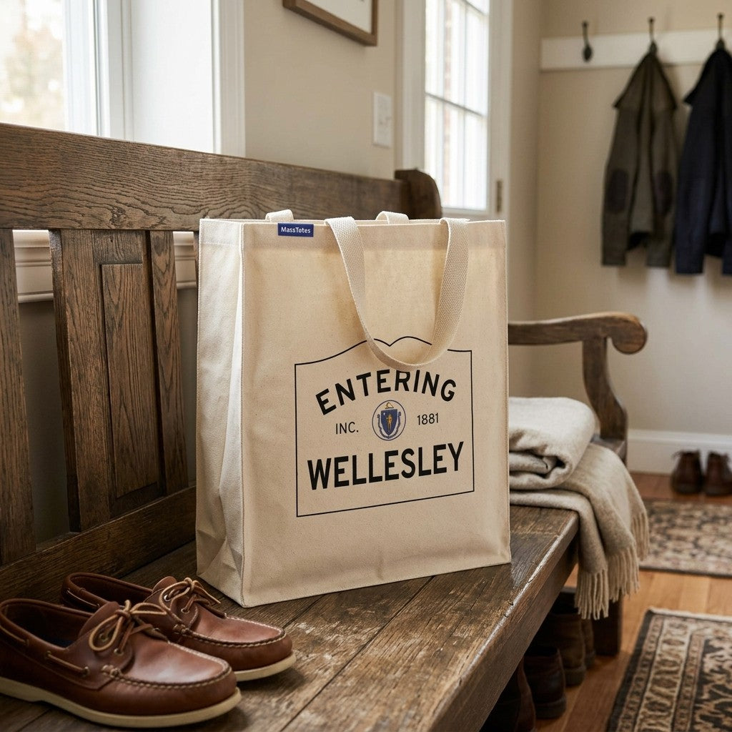 Entering Wellesley, Massachusetts Canvas Tote Bag - Lifestyle Scene - Relaxed Natural Setting