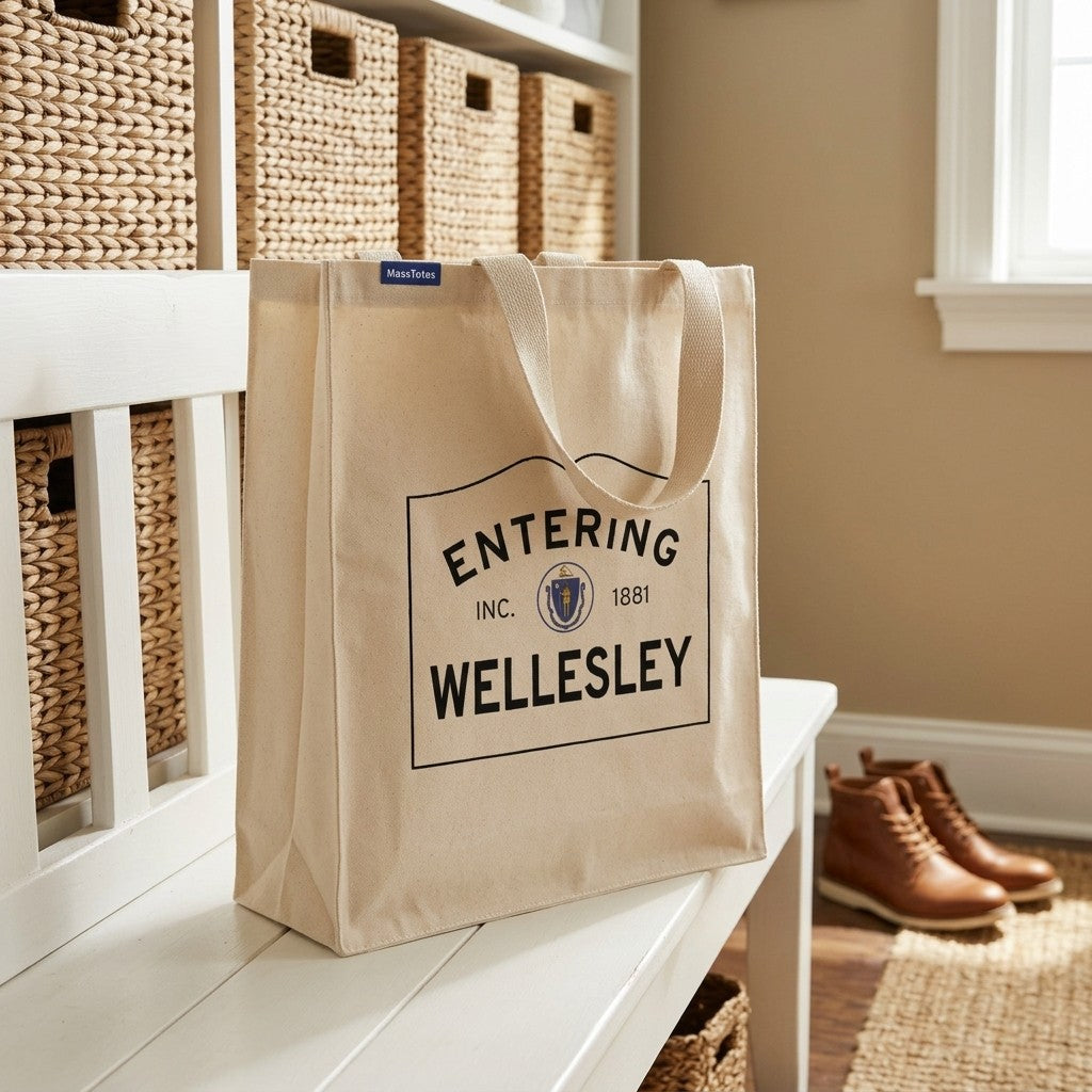 Entering Wellesley, Massachusetts Canvas Tote Bag - Outdoor In-Situ View - Scenic Atmosphere