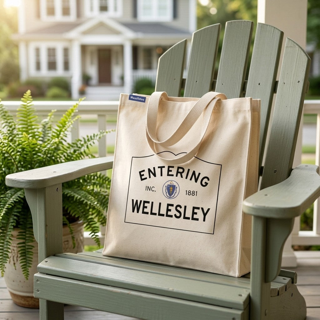 Entering Wellesley, Massachusetts Canvas Tote Bag - Lifestyle Scene - Classic New England Detail
