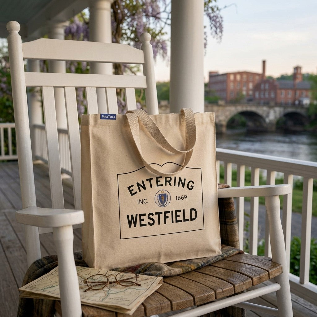 Entering Westfield, Massachusetts Canvas Tote Bag - Lifestyle Scene - Classic New England Detail