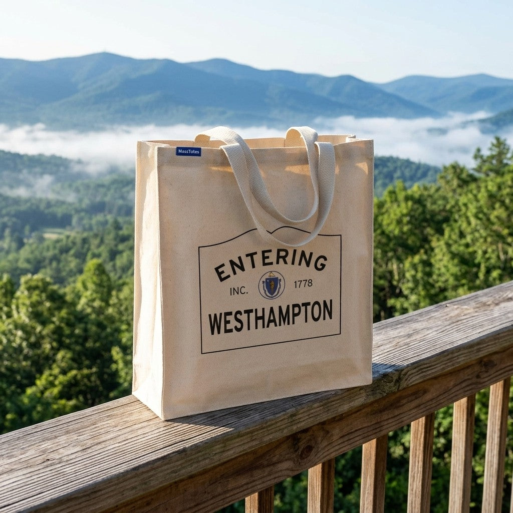 Entering Westhampton, Massachusetts Canvas Tote Bag - Lifestyle Scene - Relaxed Natural Setting