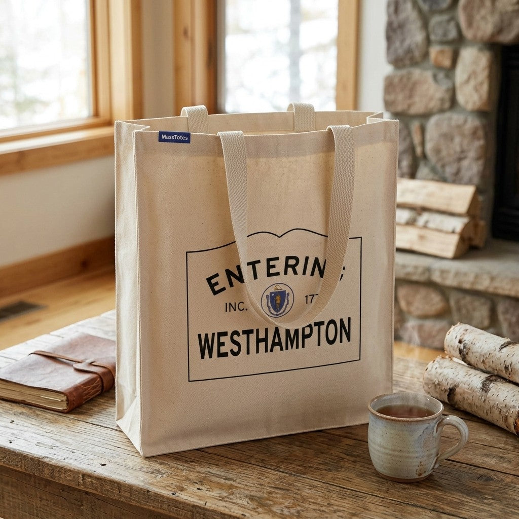 Entering Westhampton, Massachusetts Canvas Tote Bag - Lifestyle Scene - Classic New England Detail