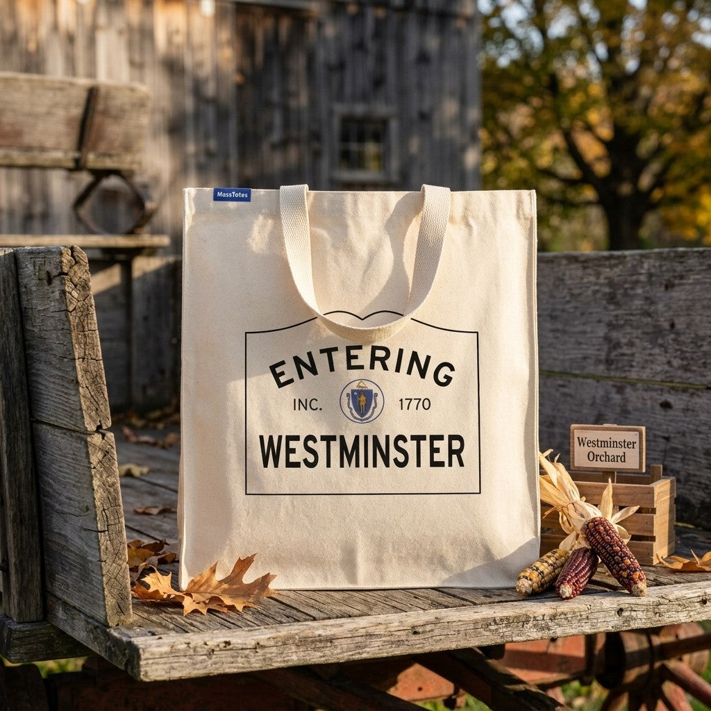 Entering Westminster, Massachusetts Canvas Tote Bag - Lifestyle Scene - Relaxed Natural Setting
