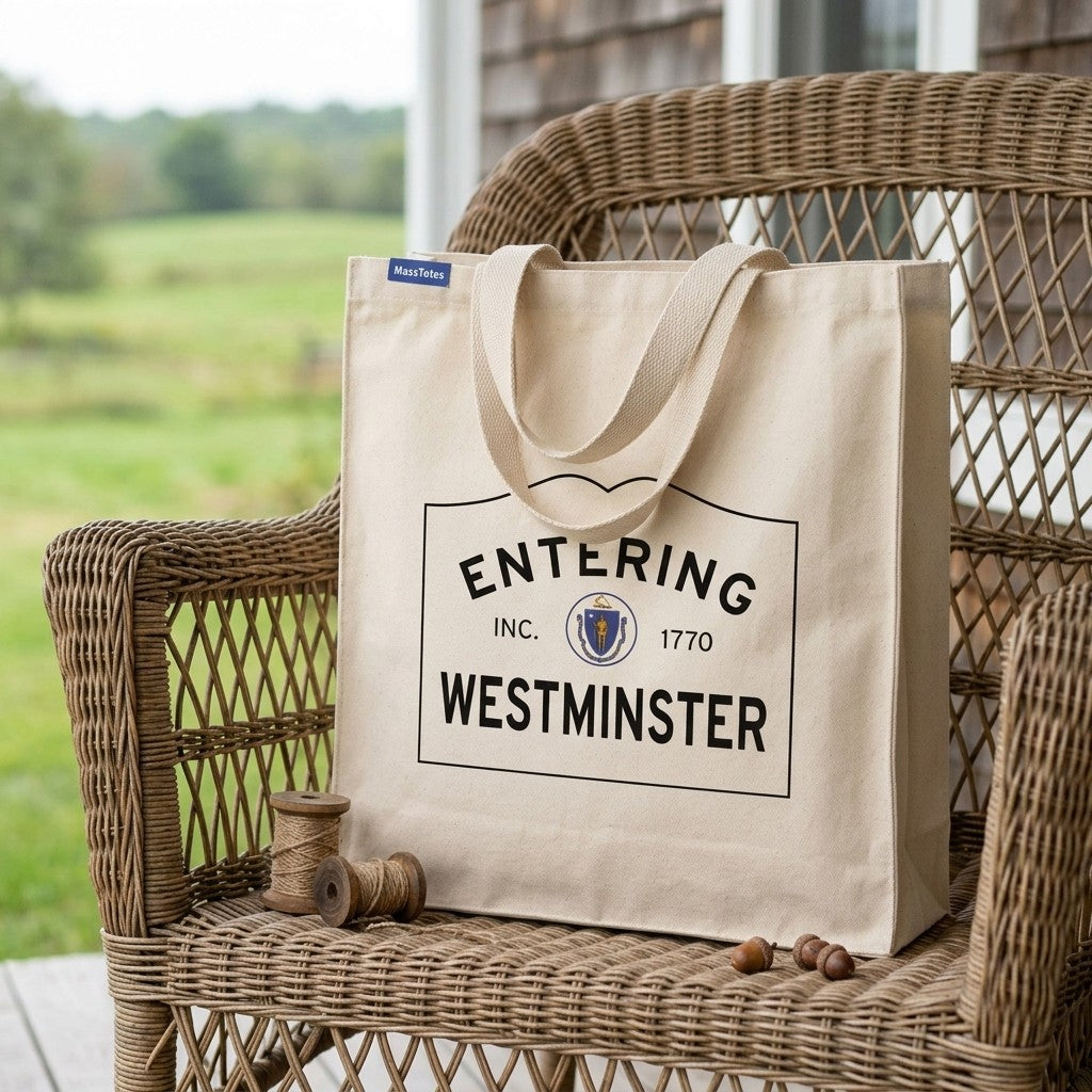 Entering Westminster, Massachusetts Canvas Tote Bag - Lifestyle Scene - Classic New England Detail