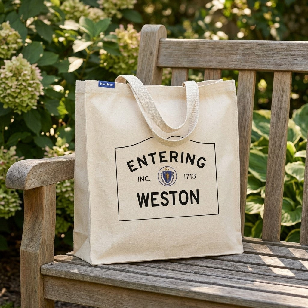 Entering Weston, Massachusetts Canvas Tote Bag - Lifestyle Scene - Relaxed Natural Setting