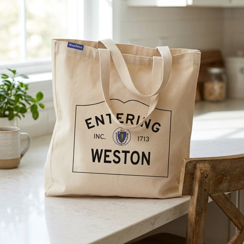 Entering Weston, Massachusetts Canvas Tote Bag - Outdoor In-Situ View - Scenic Atmosphere