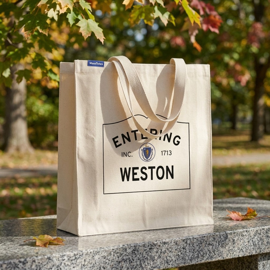 Entering Weston, Massachusetts Canvas Tote Bag - Lifestyle Scene - Classic New England Detail