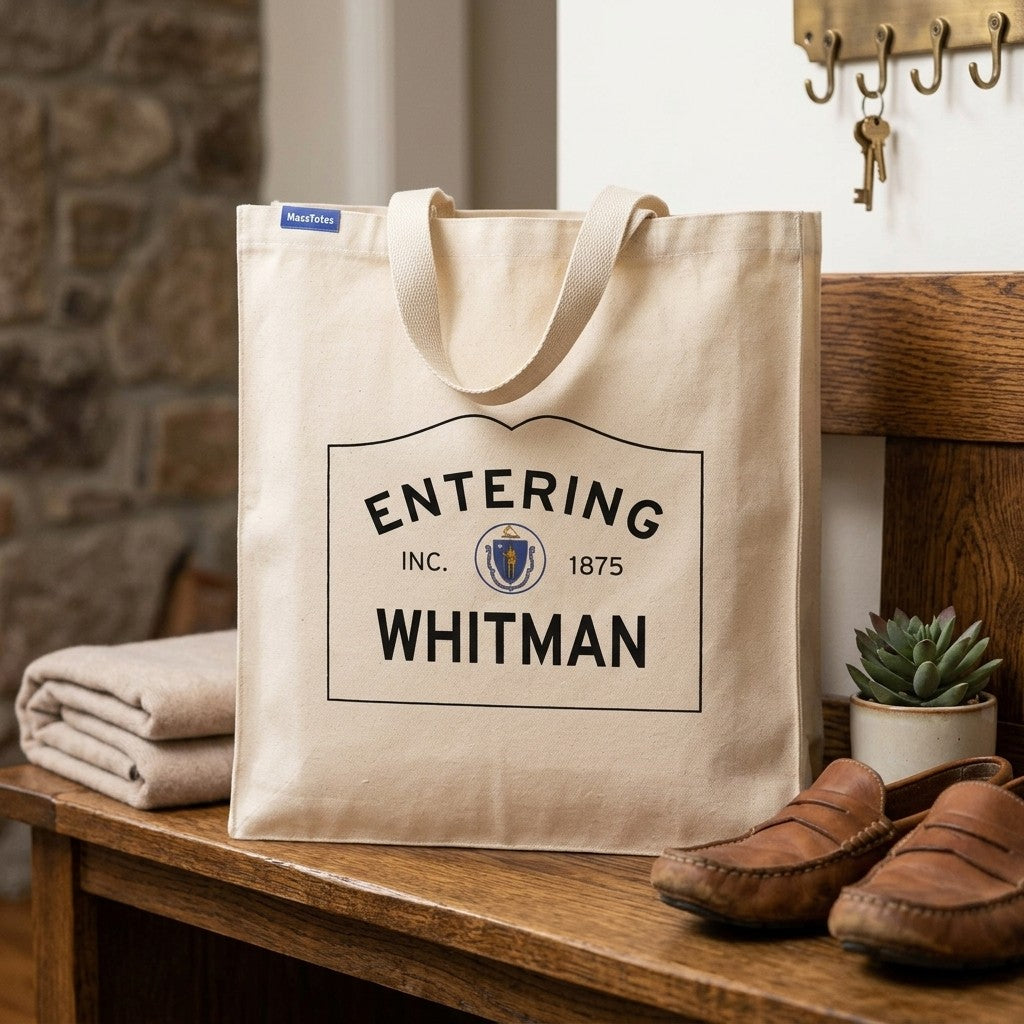 Entering Whitman, Massachusetts Canvas Tote Bag - Lifestyle Scene - Classic New England Detail
