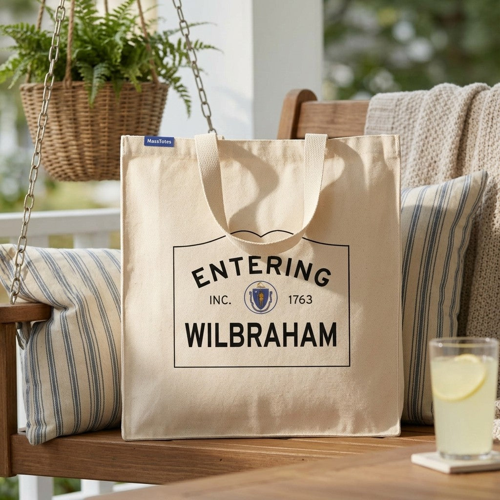 Entering Wilbraham, Massachusetts Canvas Tote Bag - Lifestyle Scene - Classic New England Detail