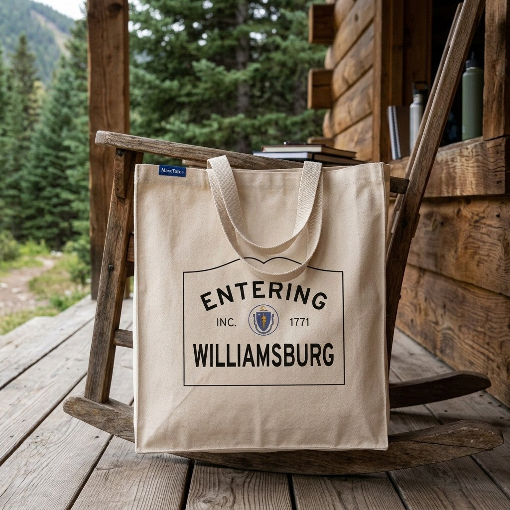 Entering Williamsburg, Massachusetts Canvas Tote Bag - Lifestyle Scene - Relaxed Natural Setting