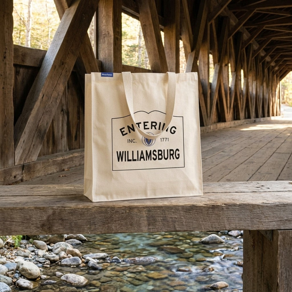 Entering Williamsburg, Massachusetts Canvas Tote Bag - Lifestyle Scene - Classic New England Detail