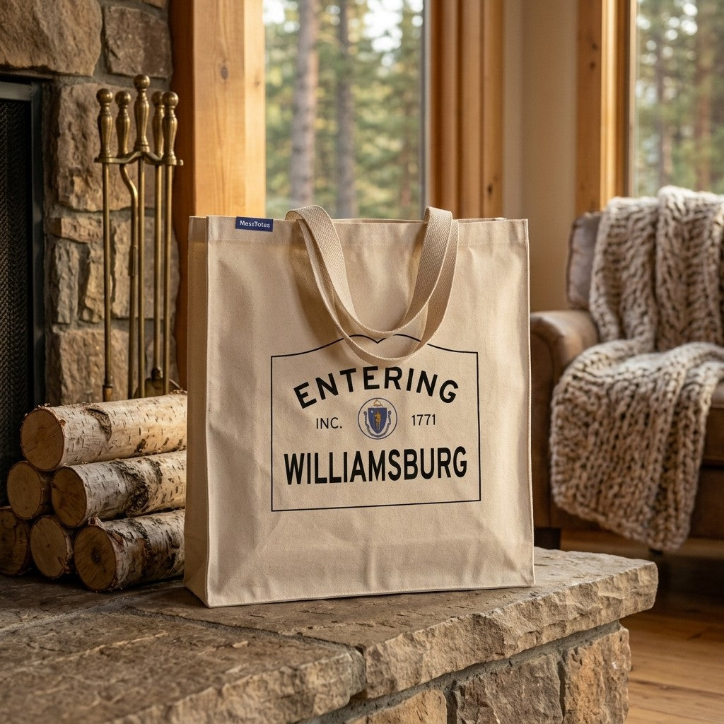 Entering Williamsburg, Massachusetts Canvas Tote Bag - Everyday In-Situ View - Sunlit Environment