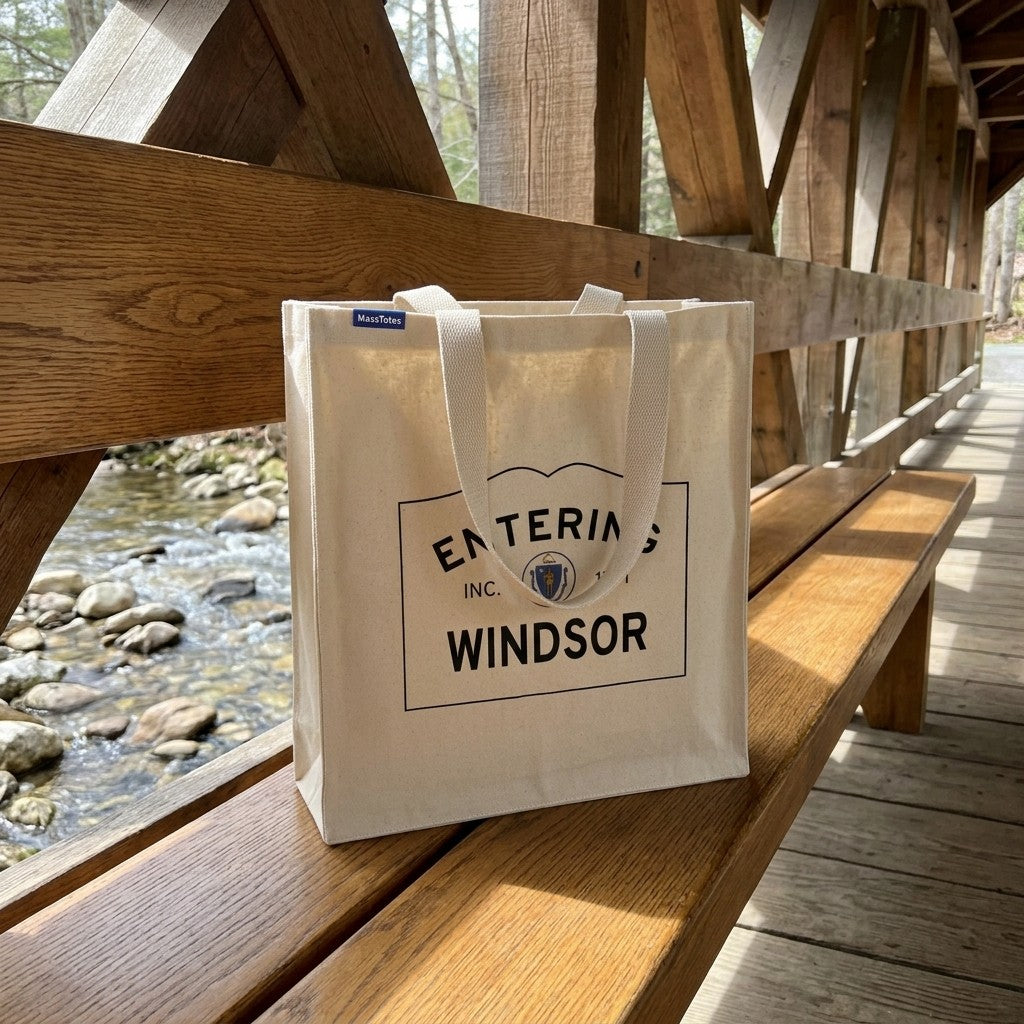 Entering Windsor, Massachusetts Canvas Tote Bag - Lifestyle Scene - Classic New England Detail