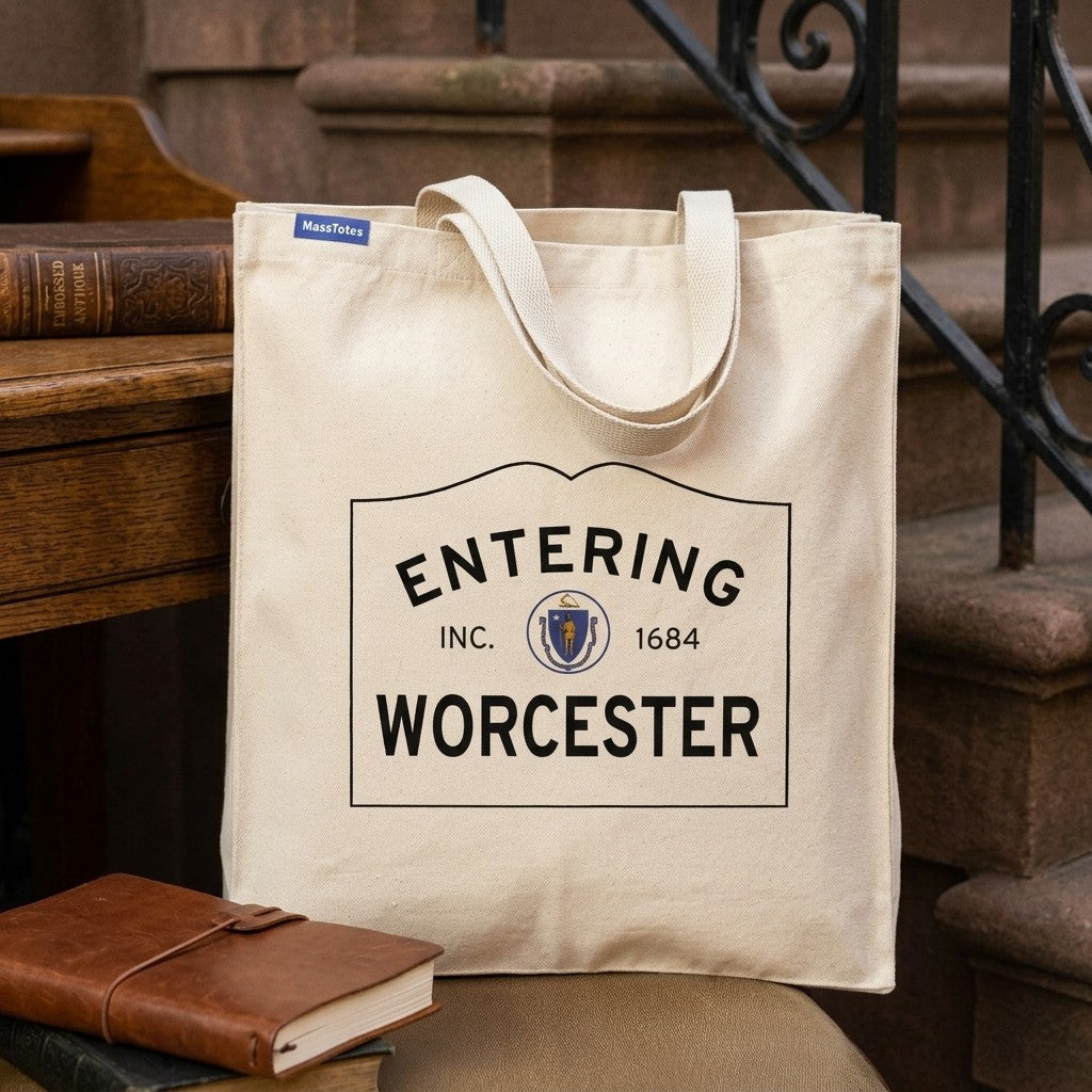 Entering Worcester, Massachusetts Canvas Tote Bag - Lifestyle Scene - Relaxed Natural Setting