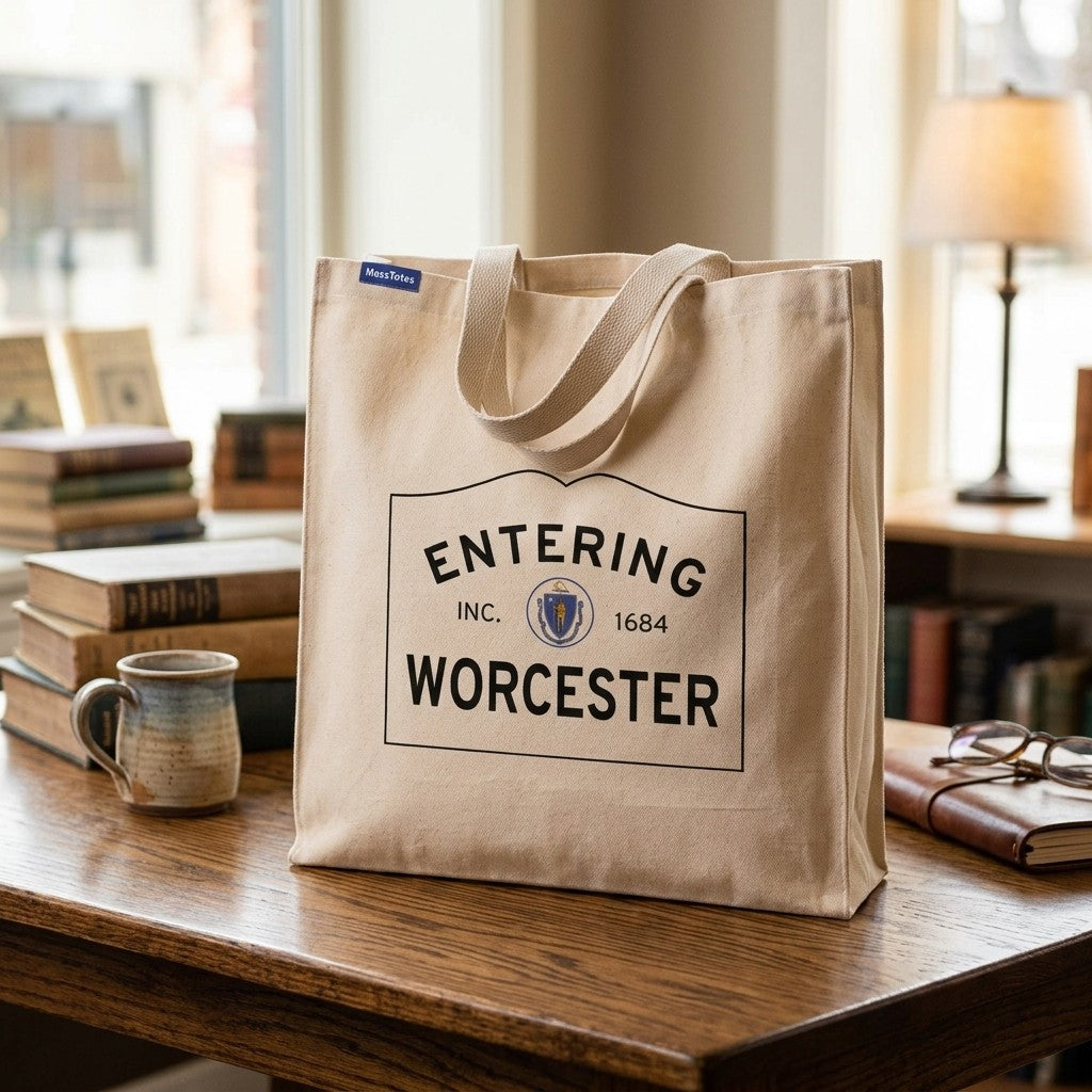 Entering Worcester, Massachusetts Canvas Tote Bag - Lifestyle Scene - Classic New England Detail